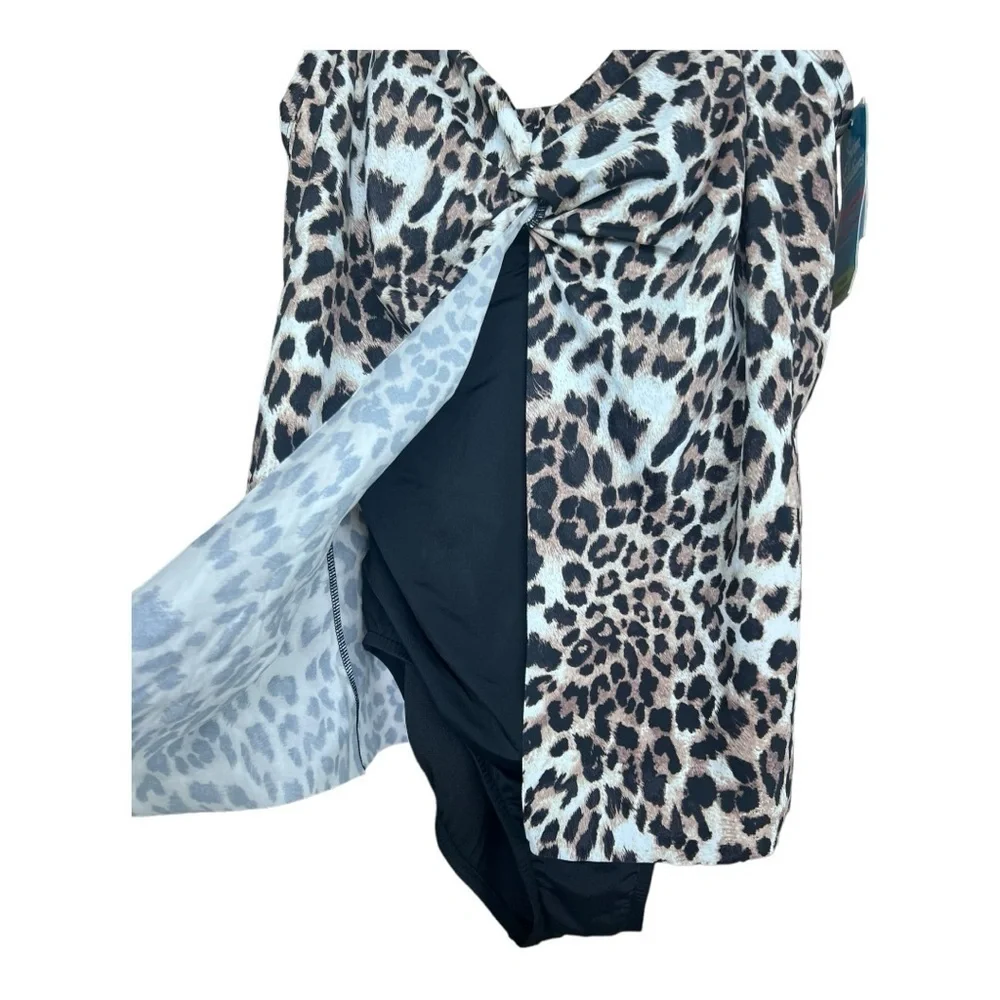 SWIM SOLUTIONS Fauxkini Leopard Knotted Flyaway One-Piece Swimsuit Plus 18W - Picture 5 of 16